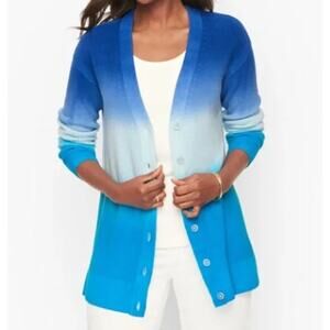 Talbots Ombre Dip Dye Cardigan Gradient Blue‎ Cotton Lyocell Preppy XL
